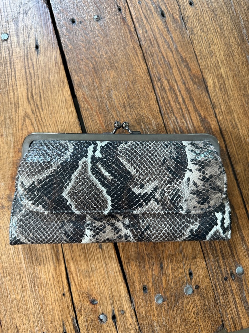 Snake-Print Clasp Wallet Clutch in Neutral Tones